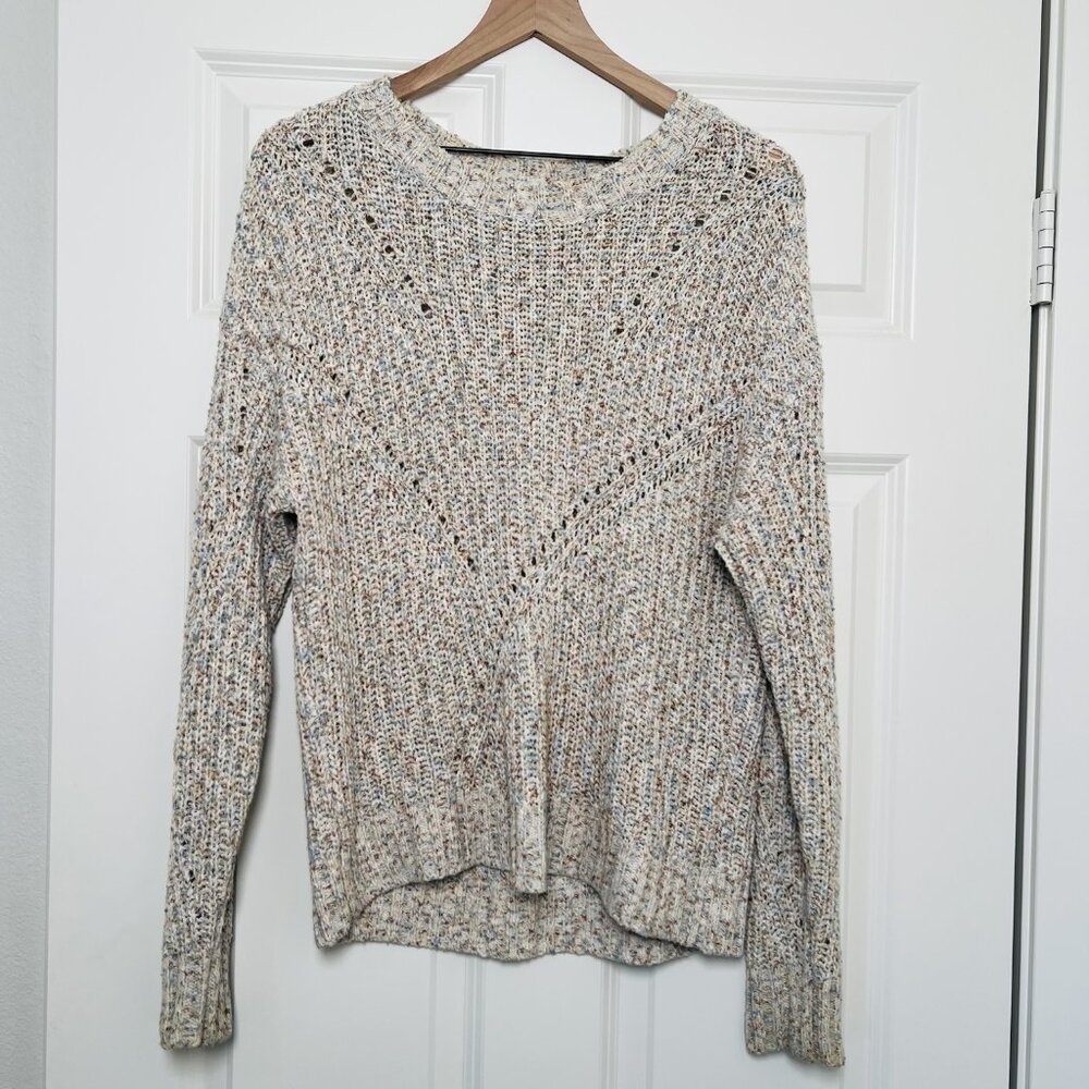 Hinge by Nordstrom Boho Sweater Open-Knit Browm/Taupe with Blue Pattern